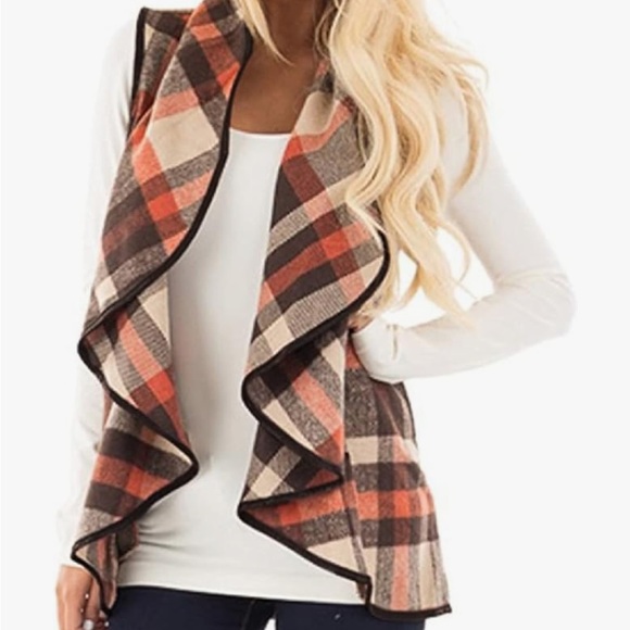 Plaid Ruffle Sleeveless Cardigan with Pockets - Picture 4 of 5